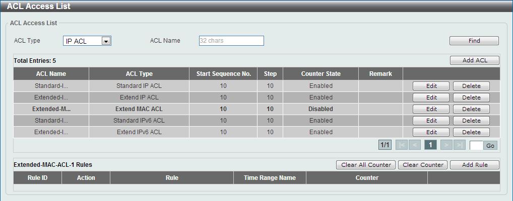 Figure 8-50 Extend MAC ACL (Selected) Window After selecting the ACL profile and clicking the Add Rule button, users can configure the new ACL rule, in the selected ACL profile, as shown below: