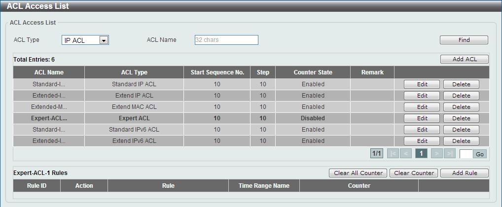 ACL Type Select the ACL profile type here. Options to choose from are Standard IP ACL, Extend IP ACL, Standard IPv6 ACL, Extend IPv6 ACL, Extend MAC ACL, and Expert ACL.