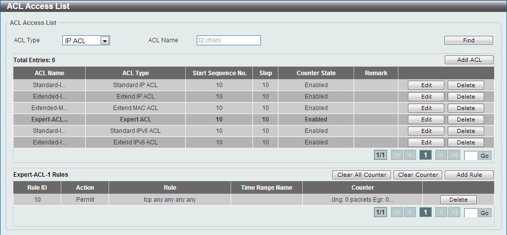 Figure 8-73 Expert ACL (Rule Display) Window Click the Delete button to remove the specific ACL rule.