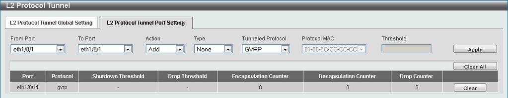 The fields that can be configured for L2 Protocol Tunnel Global Settings are described below: CoS for Encapsulated Packets Select the CoS value for encapsulated packets here.