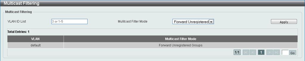 L2 Multicast Control Multicast Filtering On this page, users can view and configure the Layer 2 multicast filtering settings.