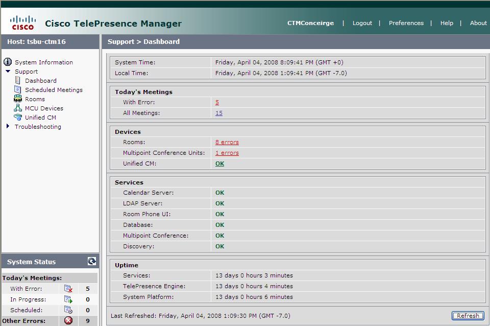 Dashboard Chapter 2 Figure 2-1 Cisco TelePresence Manager Support Window Table 2-1 Dashboard Report System Time Local Time Today s Meetings Description or Setting Day, date, and time in coordinated