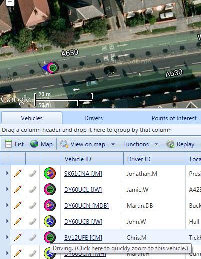 5.2. Displaying an individual vehicle There are various ways to show and individual vehicle on the map but the easiest is to click on the status symbol to the left of the vehicle ID.