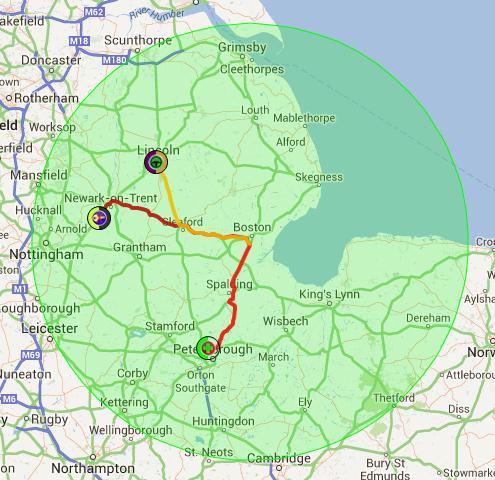 After clicking on Pan to the vehicles are shown the map The coloured lines indicate the recommended route to the location The shaded are shows the search radius