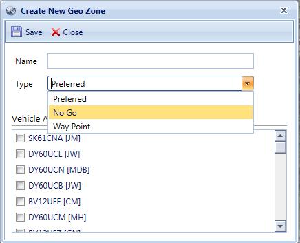 In the Name filed type in the name of your Geo Zone From the Type drop down choose either Preferred: No Go: Way Point: vehicle will alarm when leaving the Geo Zone vehicle will alarm when entering