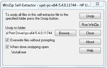The files are shown in the screen below: For a 32 bit system, select upd-ps-x32-5.4.0.11744 - HP Universal Print Driver 32 bit.exe and double-click on the file to begin the installation.