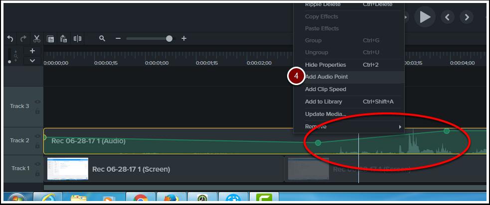 4. You can add audio points by double clicking along the green line or by right clicking and selecting Add Audio Point.