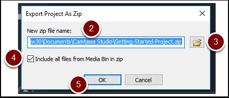 Enable the Include all files from Media Bin in zip option to include a copy of all media files in the Media