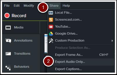 3. Export the audio When finished editing the audio, go to Share[1] and select Export Audio Only[2] There are two audio