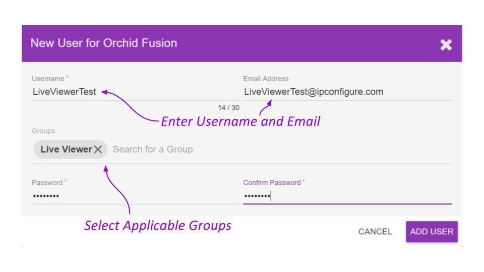 Orchid Fusion VMS Administrator Guide v2.4.0 64 Add a New Orchid Fusion VMS User 1. Click the Add User button in the top-right corner of the Fusion Users list. A New User screen will open. 2.
