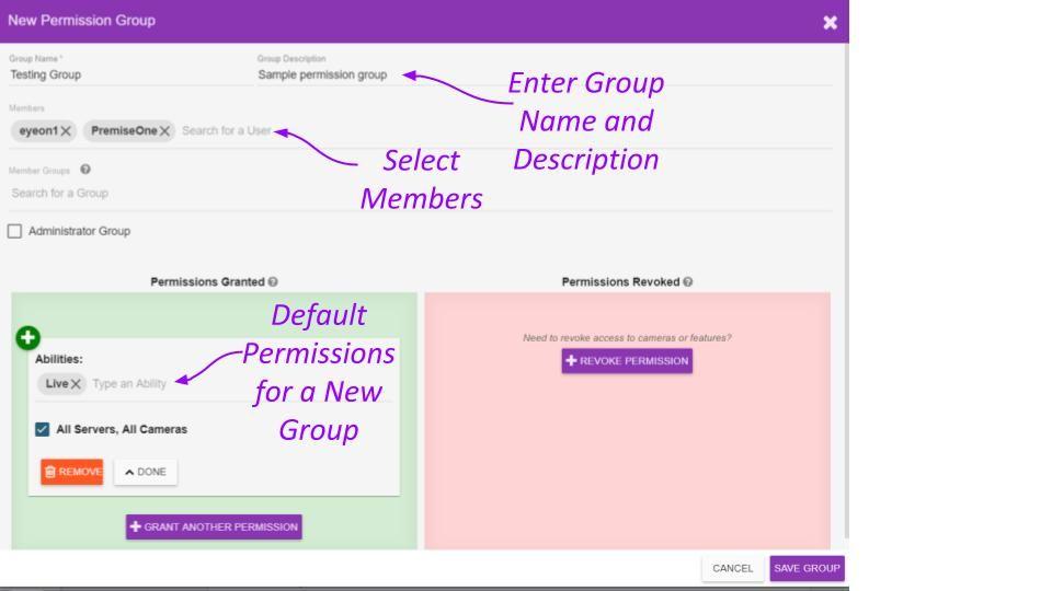 Orchid Fusion VMS Administrator Guide v2.4.0 87 Add a Permission Group with Individual Members 1. Click the Add Permission Group button in the top-right corner of the Permission Groups list.
