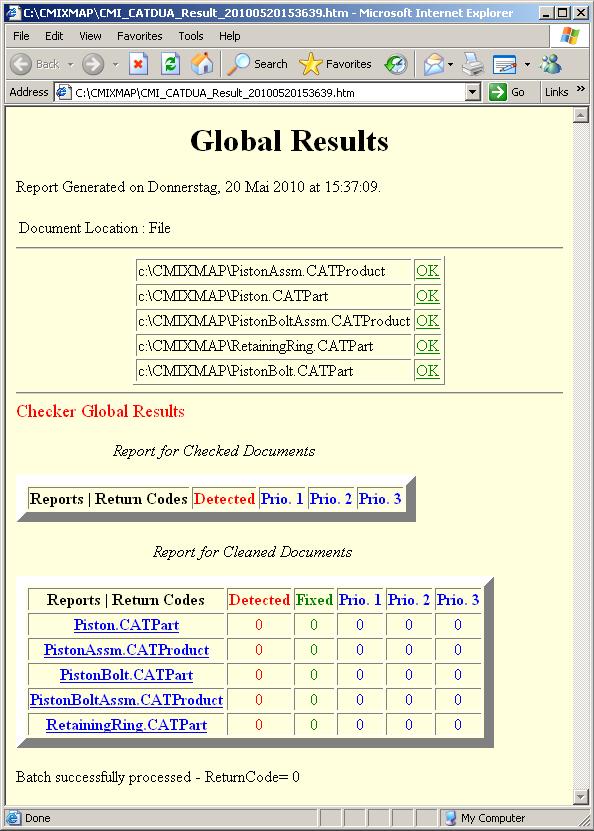 %CMIXMAP%\CMI_CATDUA_Result_<YYYY><MM><dd><hh><mm><ss>.htm Figure 129: Global Results dialog After inspection, you can update the cleaned files in Teamcenter.
