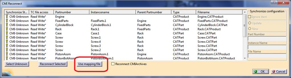 Figure 134: Reconnect dialog in CATIA V5 Export to Folder To enable this function the administrator has to set the CATIA V5 environment CMI_ENABLE_EXPORTCMD=ON.
