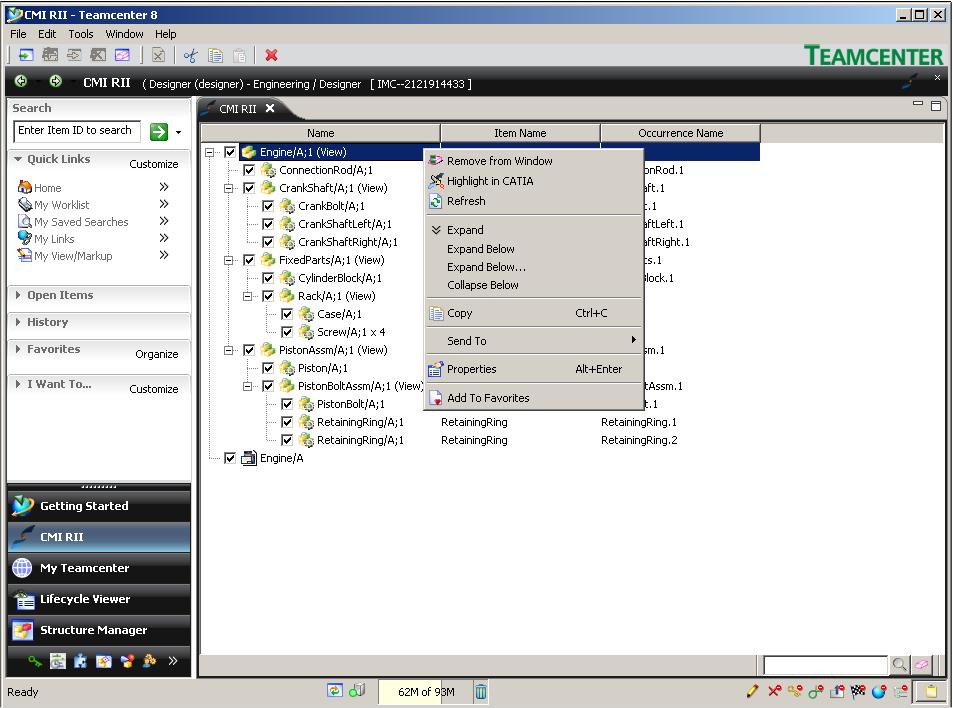 Figure 12: Context menu on a BOMLine in the CMI RII application The Remove from Window command is only available on top level elements.