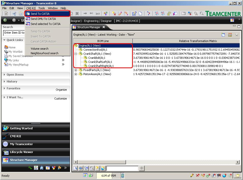 Figure 16: Structure Manager application with Send To CATIA command Only the expanded structures from the example structure in Figure 16 will be sent to CATIA.