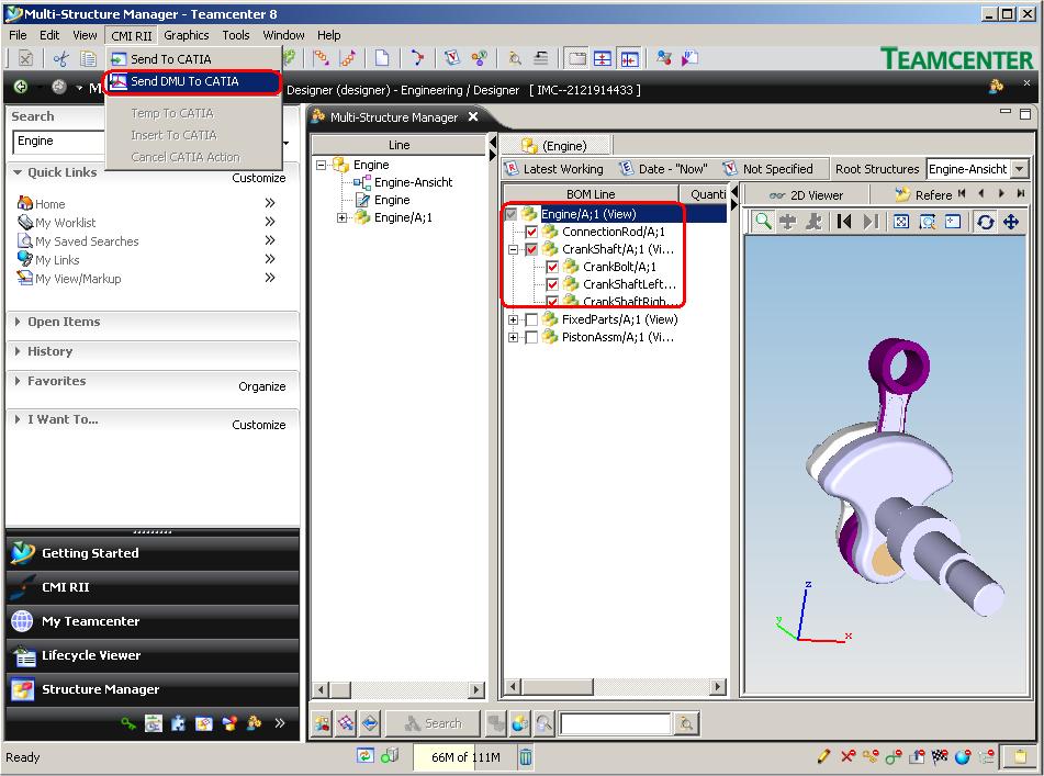 CMI RII Send DMU To CATIA Figure 25: Multi-Structure Manager application with Send To CATIA command Only the expanded structures from the example structure in Figure 25 will be sent to CATIA.