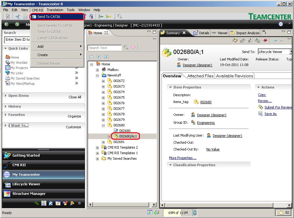 Figure 34: My Teamcenter application The Send To CATIA command will send the selected objects (see Figure 34) of the current active My Teamcenter application window to CATIA.