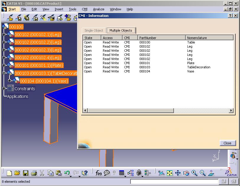 . The appropriate dialog info window You can also select multiple CATIA items.