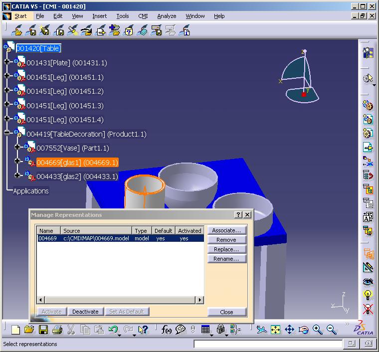 Figure 79: Manage Representation dialog of CATIA V5 Use the Replace function to use the cgr or model file with a new representation.