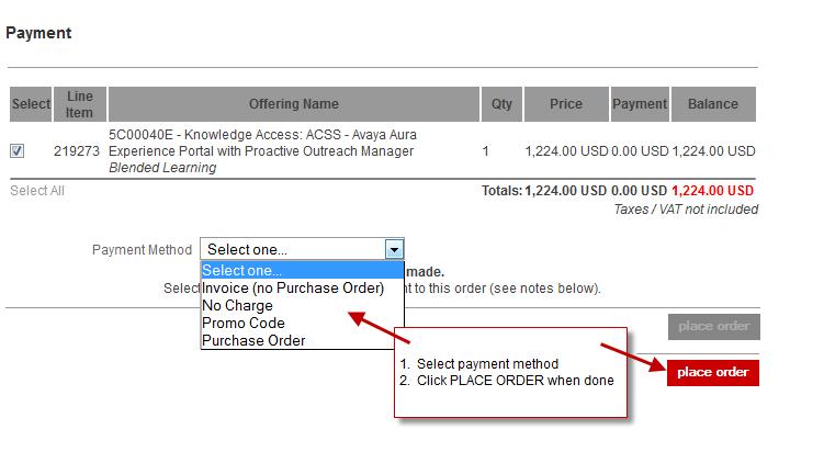 4. Once you click the shopping cart, you will be ready to check out. If the activity does NOT require Training Manager Approval, you will be able to select payment method and place your order.