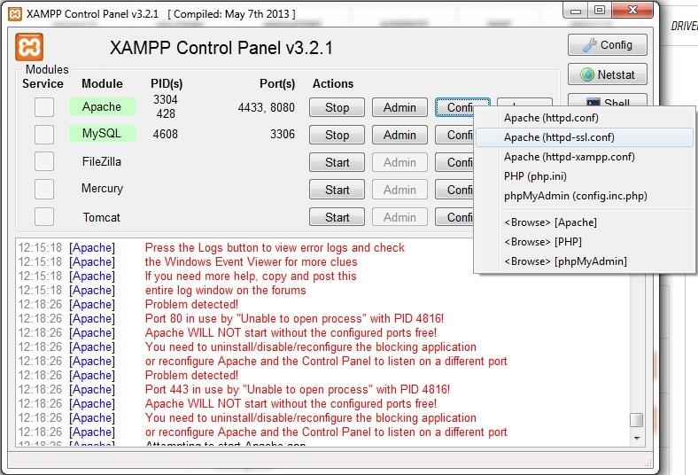 [11] Slika 26: Dostop do nastavitvenih datotek z nadzorne plošče XAMPPa V datoteki httpd.