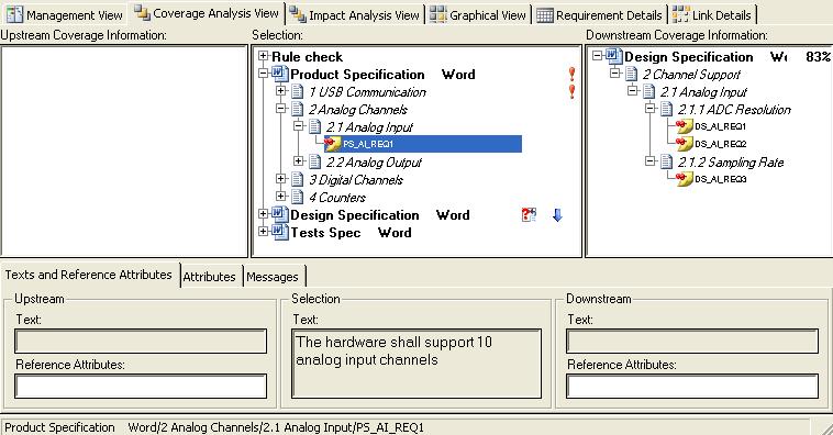Coverage Analysis View Downstream Coverage Information Displays one level of covering requirement reference elements, N+1, for a selected document element in the Selection column.