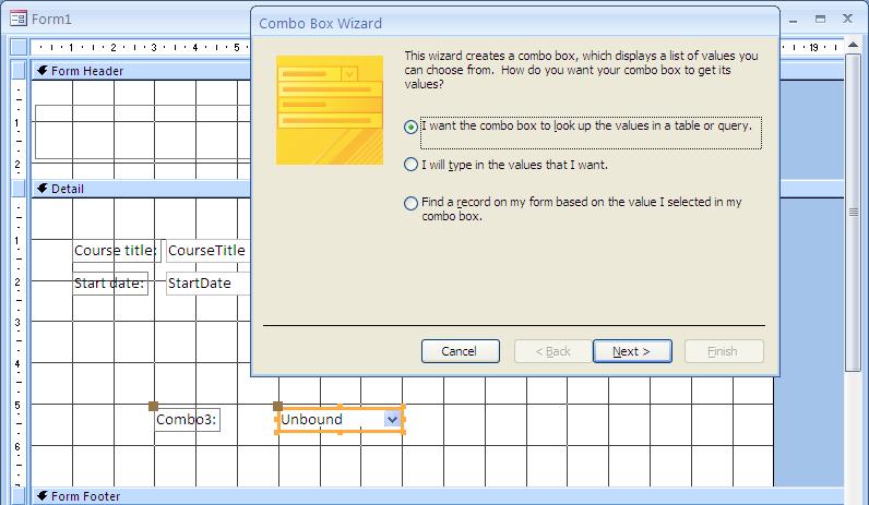 Adding a combo box You will create a combo box control bound to the Tutor field, but displaying the Tutor s name instead of the ID number.