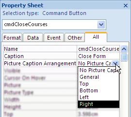 The button can be resized by dragging the resize handles, but instead you will set the size on the property sheet. Display the Property Sheet Set the Width to 2.5cm and the Height to 0.