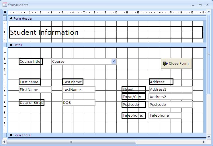 EXERCISE Create a blank form in Design View Display the Form Header (you do not need the Form Footer) Make the width of the form 18cm Create a label in the Form Header, and use this to give the form