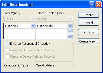 Hold down the mouse button over the TutorID field in the tutors table, drag the mouse pointer to the TutorIDfk field in the courses table, then release the mouse button The Edit Relationships dialog