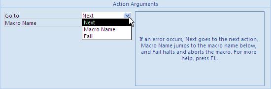 The OnError action is used to specify how the programme should respond if it encounters an error when executing this macro.