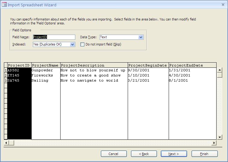 This step in the wizard enables you to select individual columns of data and edit the Field Name,