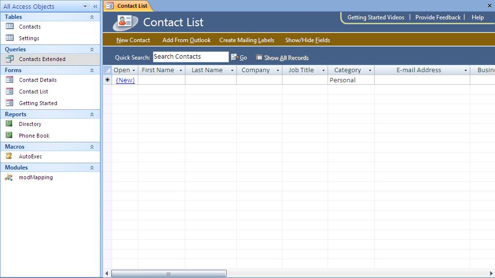 The database is shown with a blank Contact List displayed.