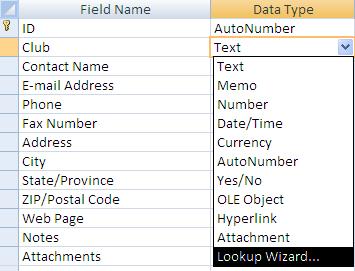 Design View Click in the Data Type box for the Club field Click the Data Type drop list