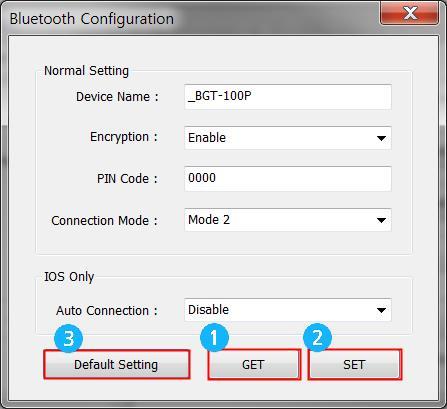 3-2 Bluetooth Configuration 1) GET Obtain Bluetooth settings information of connected to a B-gate and show. 2) SET Input Bluetooth settings information you want to set and select SET button.