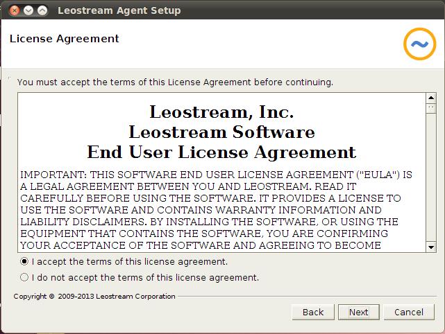 Chapter 4: Installing the Leostream Agent 3. Click Next in the Welcome page. 4. The License Agreement page opens, as shown in the following figure.