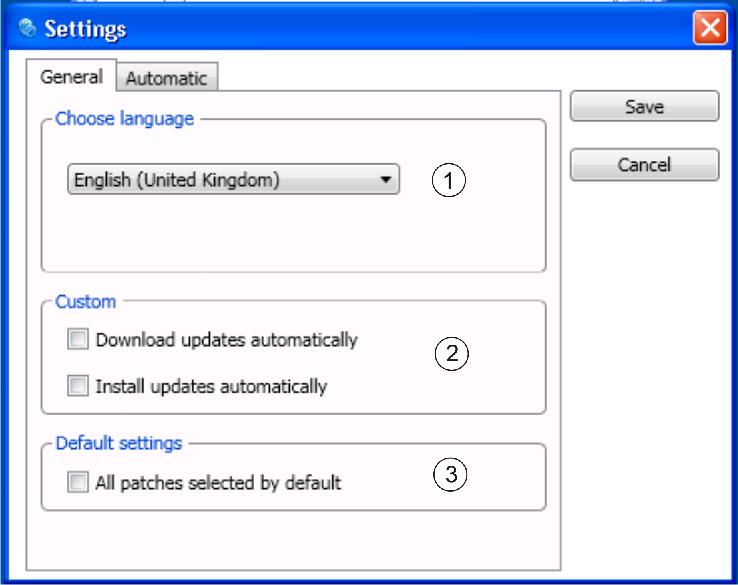 General In the General tab you can select which language you prefer to have Client Update displayed in (1) and