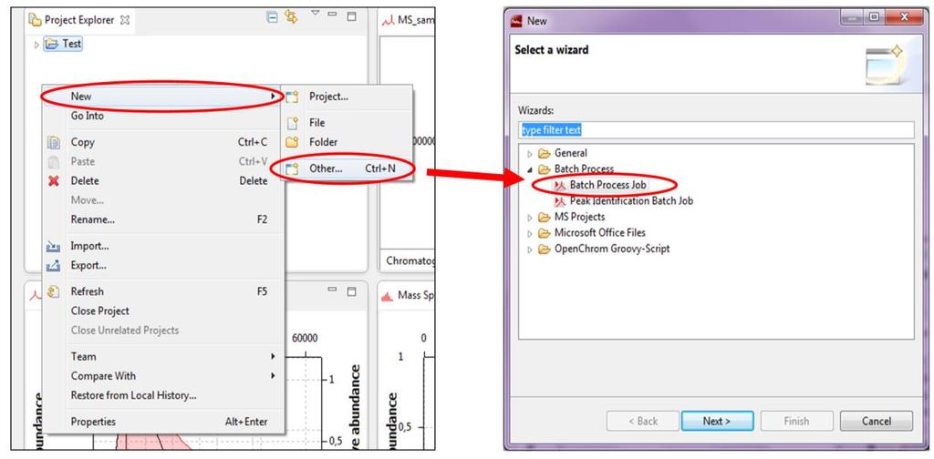 2 Start a new analysis project and name it Second, open a new batch process job in by right-click in the Project explorer window and choose New -> Other -> MS Projects-> Analysis Project and save it