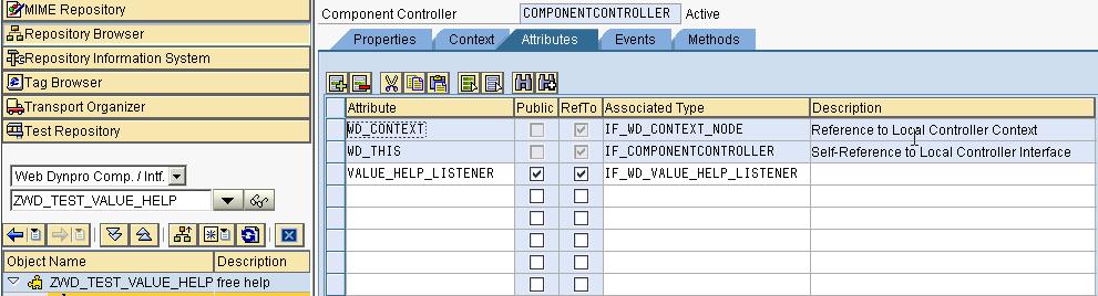 Step 5: In the Attributes tab add a variable as a reference to the interface IF_WD_VALUE_HELP_LISTENER.