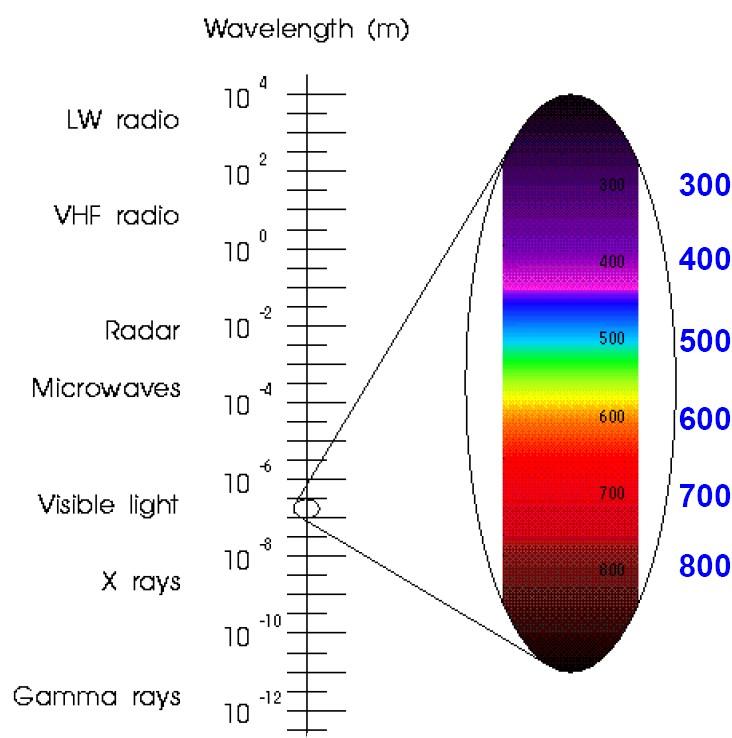 Color The electromagnetic spectrum visible to humans contains wavelengths ranging from