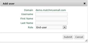3.6. Fill in Add User pop-up. Fill in the Username. It will be either full email address or username only depending on how your LDAP or Active Directory is configured.