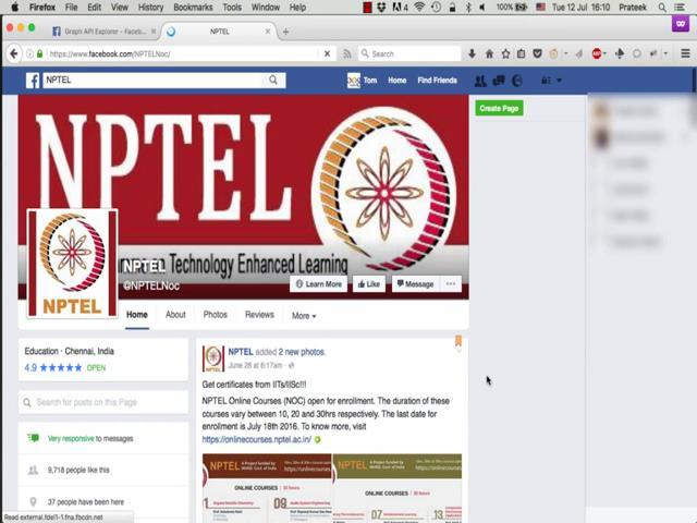 (Refer Slide Time: 15:06) So, you see a list of all the posts that the page has done and all the posts that any other Facebook user or page has done on this nptel page here.