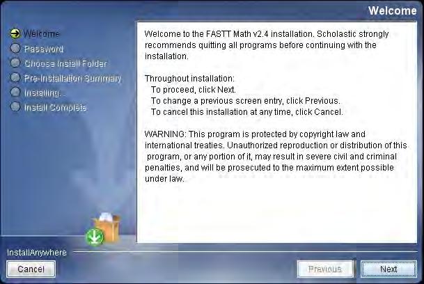 Welcome Screen Clicking Install FASTT Math launches the Welcome Screen.
