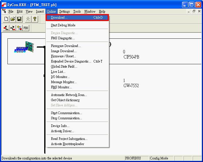 Step 6: Now the setting done by the configuration tool has to be downloaded to the Profibus master.