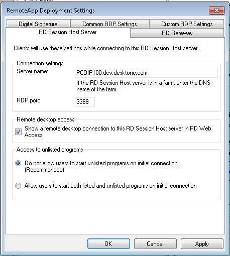 Install the Required Software The RemoteApp Deployment Settings dialog box appears. 4. On the RD Session Host Server tab of the dialog box, select the check box under Remote desktop access: 5.