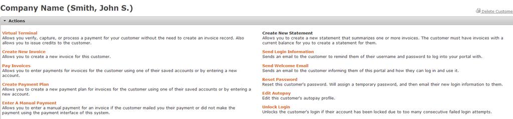 Customers Page Customer Profile You access the customer profile by either clicking on the customer s name or clicking the Edit Customer Information action icon under the Actions column.