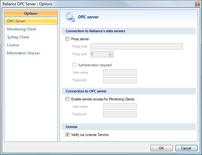 Monitoring Client a) OPC Server This section is designed for defining a proxy server which is used for connecting to Reliance data servers.