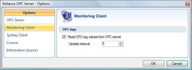 14 Monitoring Client Reliance OPC Server - Options - Monitoring Client c) Systray Client Here, it is possible to modify settings for Systray Client.