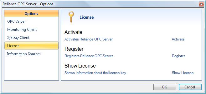 Monitoring Client Register it is used for registering the Reliance OPC Server license. A dialog window for selecting the registration file is displayed by clicking on the Registration command.