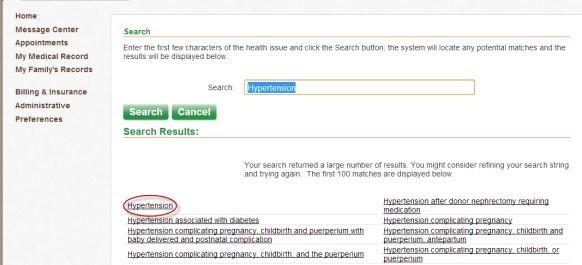health issue you wish to add Click Search Click on the issue from the list that you want to have